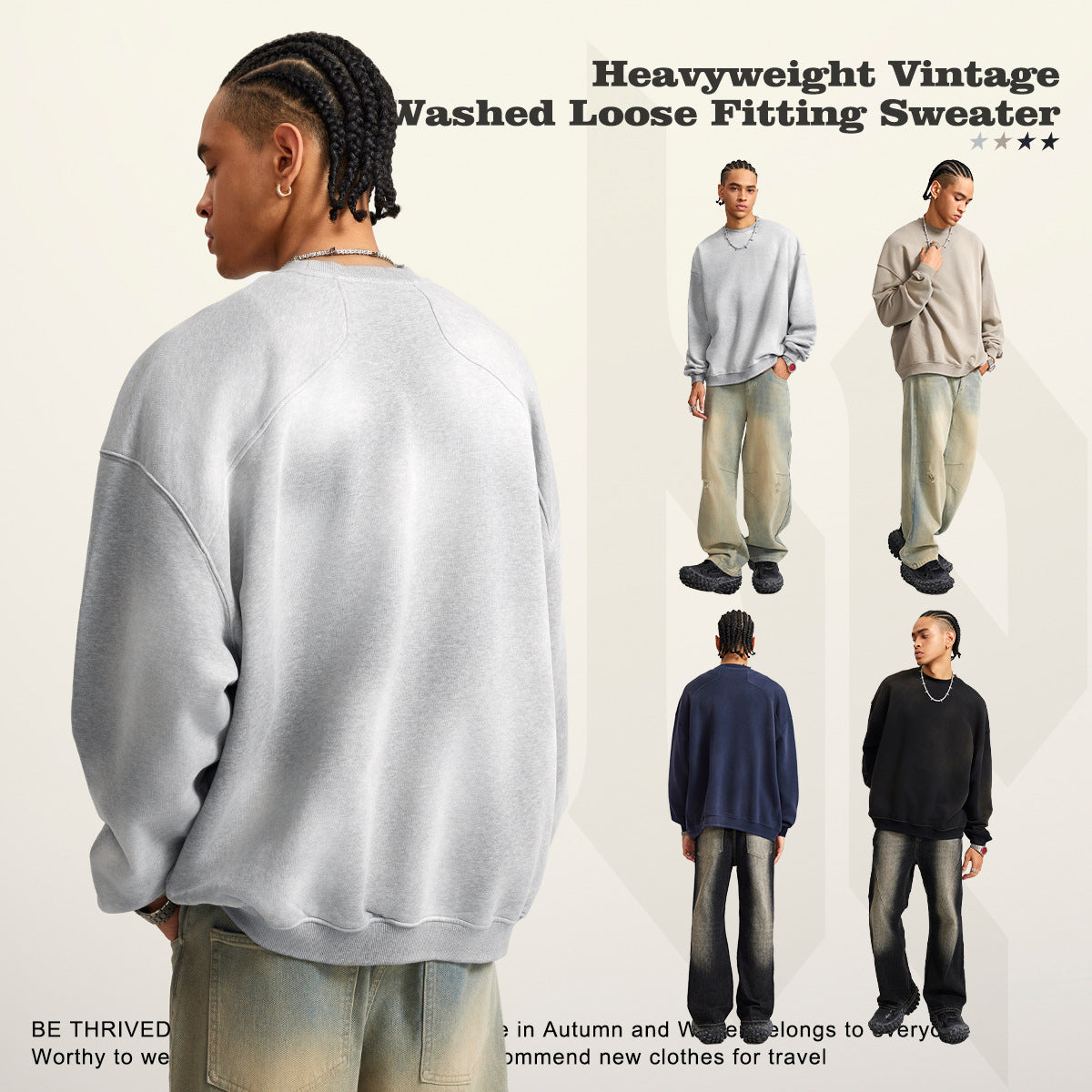 W0114 Heavy 400G washed plus velvet round neck sweatshirt retro street fashion brand loose hooded