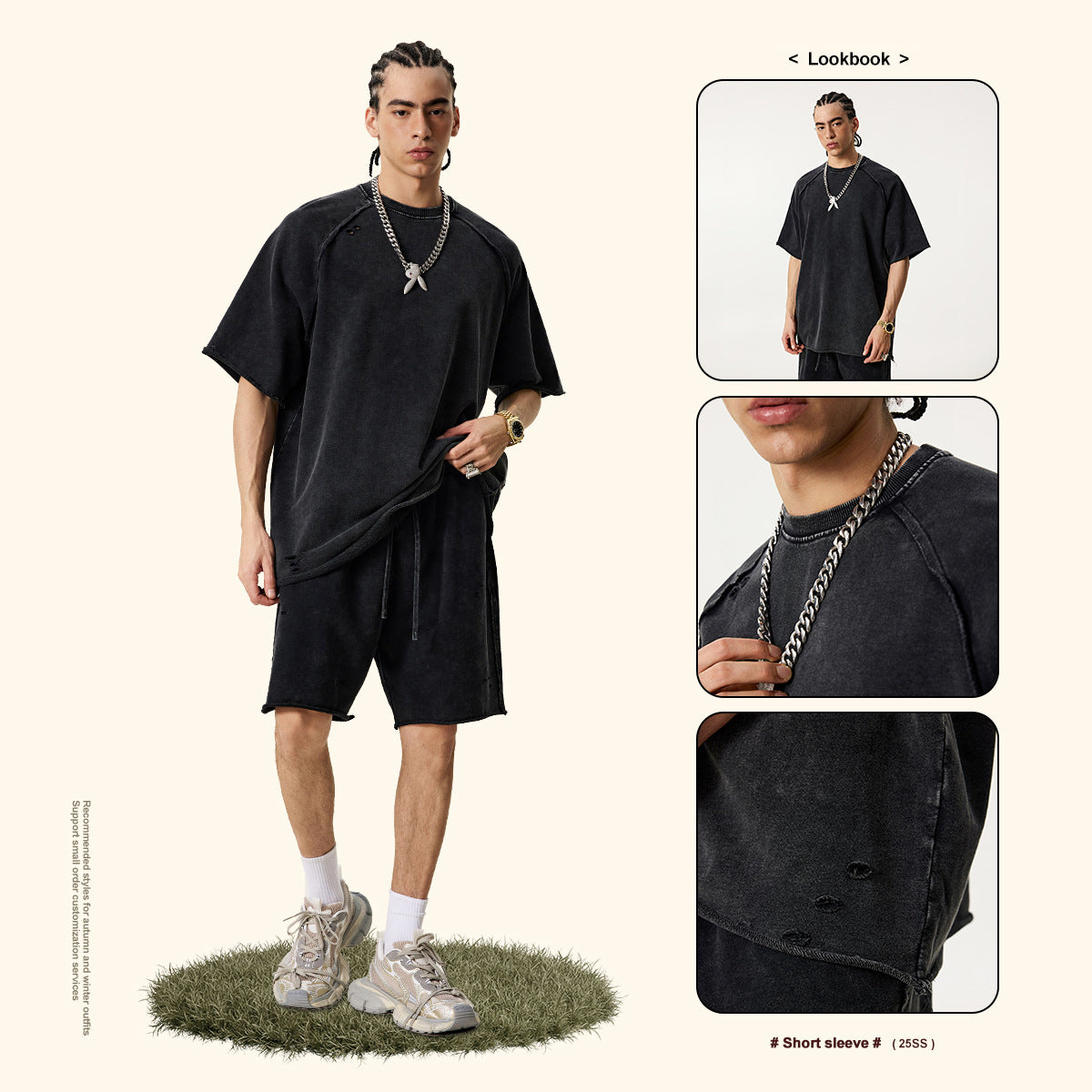 S1701 330gsm Wash Water Loose Edeg Cut Raglan Sleeve tee