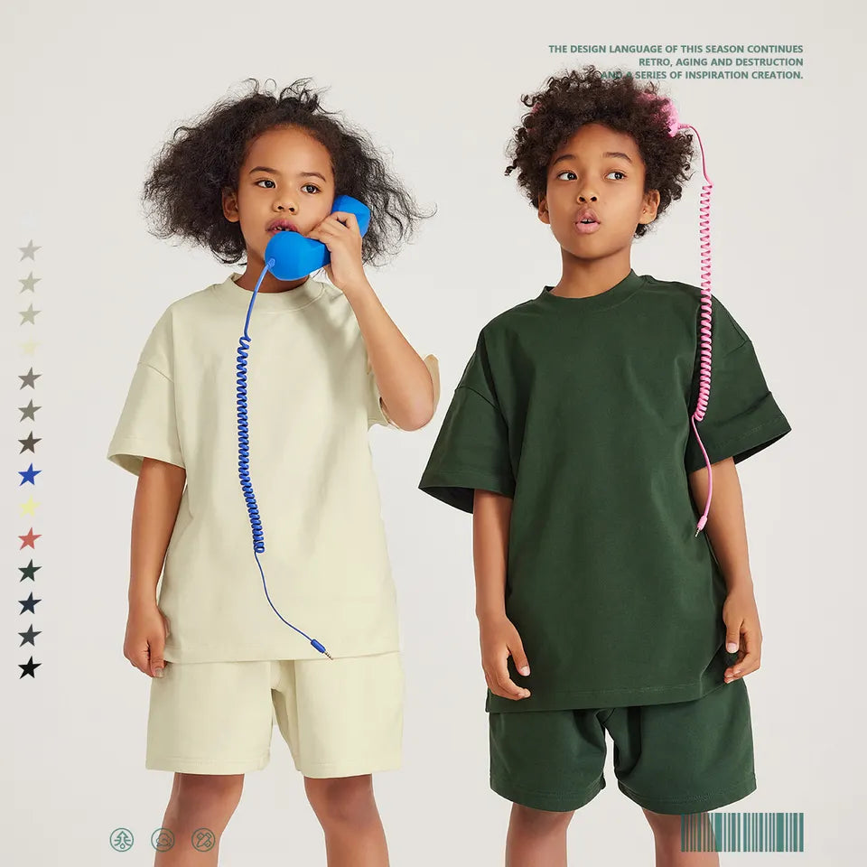 T002 Children Short Sleeve T-Shirt Custom Logo Printing 100% Cotton Plain Blank Kids Baby Girl Boy 305 gsm kids t shirt