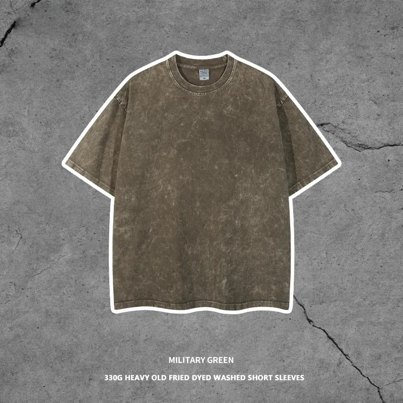 HG1203 Summer 330 GSM Blank High Street Vintage Contrast Unisex Wide Neck Short Sleeve Oversize Men Worn Edge Acid Wash T Shirt