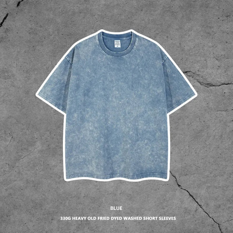 HG1203 Summer 330 GSM Blank High Street Vintage Contrast Unisex Wide Neck Short Sleeve Oversize Men Worn Edge Acid Wash T Shirt