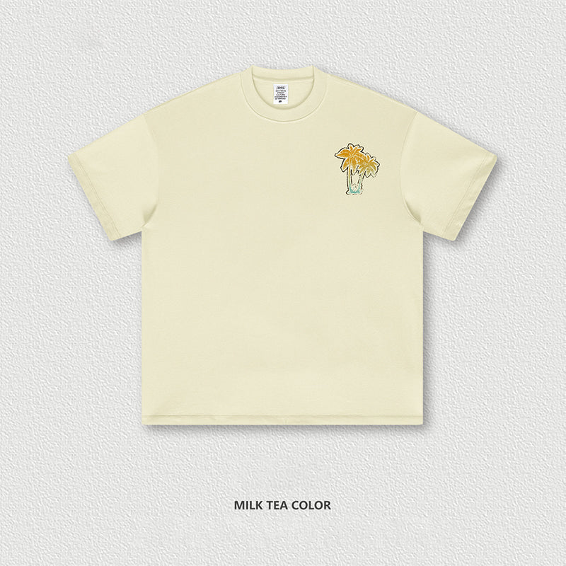S1848 Coconut tree print short sleeve American street oversize T-shirt