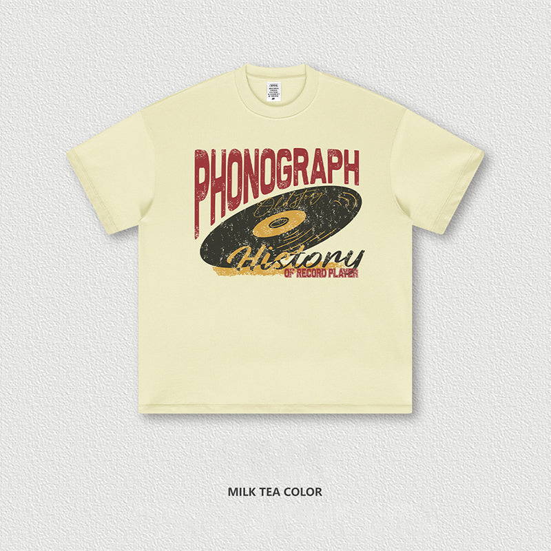 S1851 305G vintage phonograph print round neck short sleeve loose street fashion T-shirt