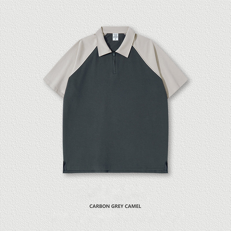 S1760 250G American contrast color shoulder slit Polo collar short sleeve retro loose fashion T-shirt