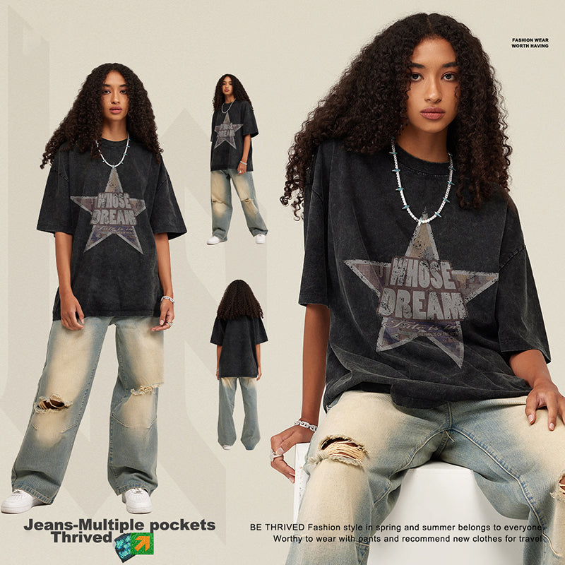 S1817 Star print washed short sleeve American fashion street loose T-shirt