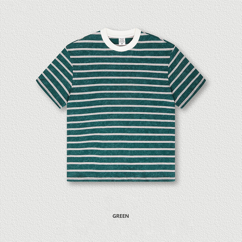 S1780 Vintage wash stripes contrast color round neck short sleeve T-shirt fashion brand