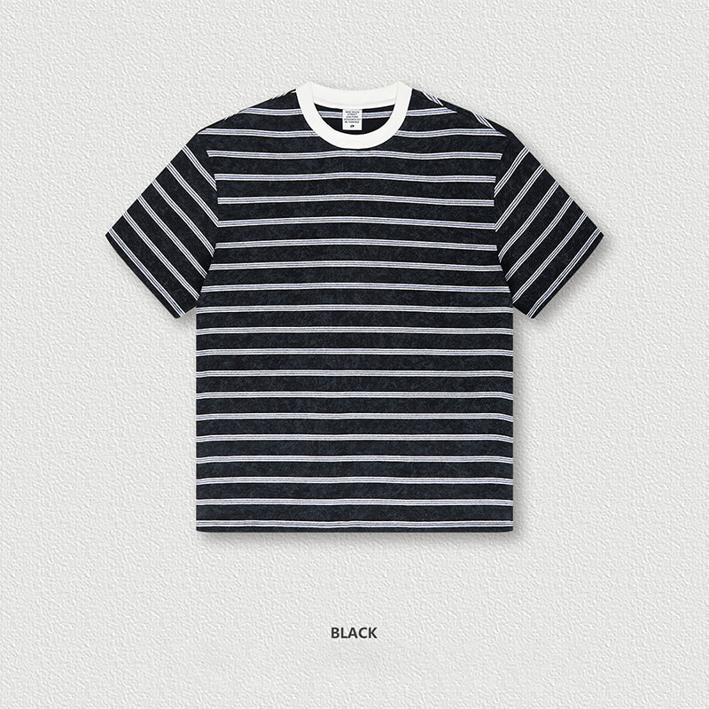 S1780 Vintage wash stripes contrast color round neck short sleeve T-shirt fashion brand