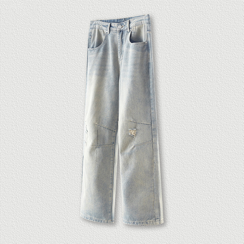 S3503 Washed gradient ripped jeans American vintage straight leg pants