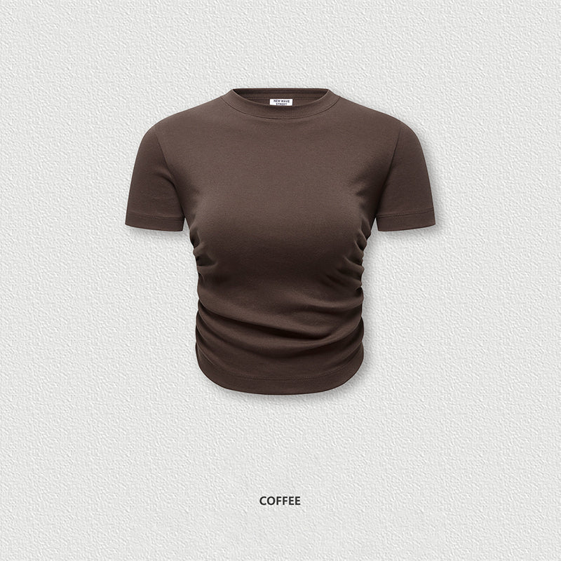 N701 220G niche design sense side fold waist short sleeve European and American ins fashion brand T-shirt