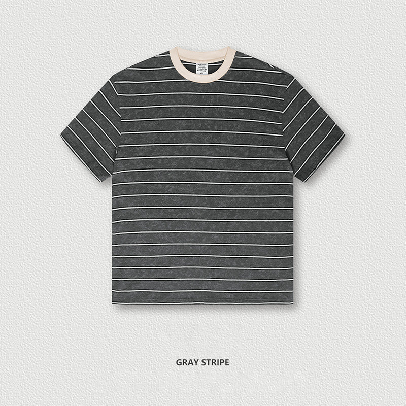 S1781 280G vintage wash stripe round neck short sleeve American street loose fashion T-shirt man