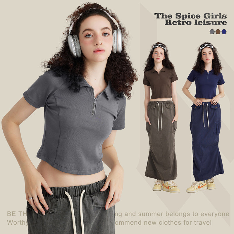 N310 Half chest lapel shoulder short T-shirt sweet cool Spice girl short sleeve fashion shoulder women