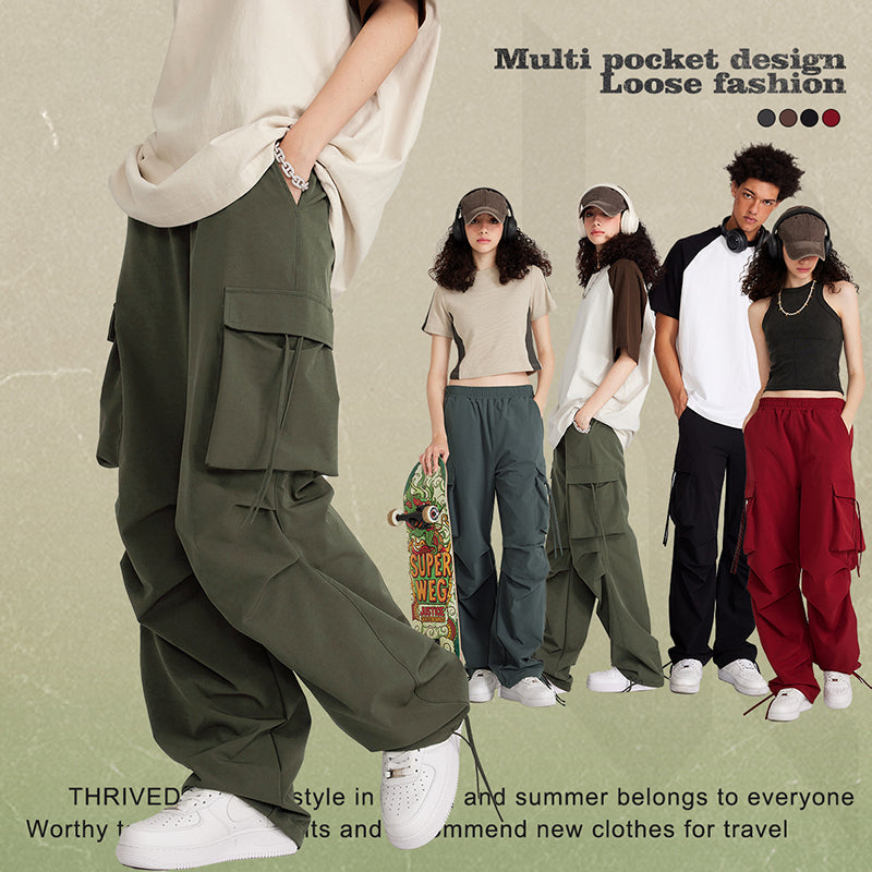 S3067 Wide-leg baggy cargo pants with large pockets American hiphop jazz pants
