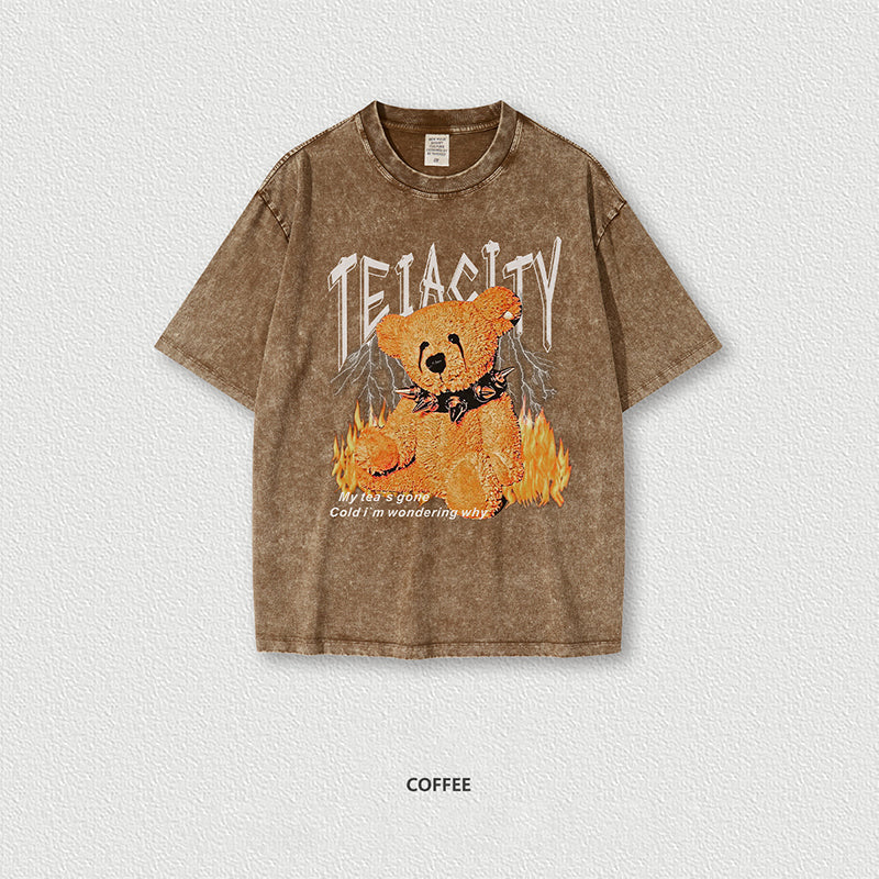 S1881 Bear print wash short sleeve American vintage T-shirt