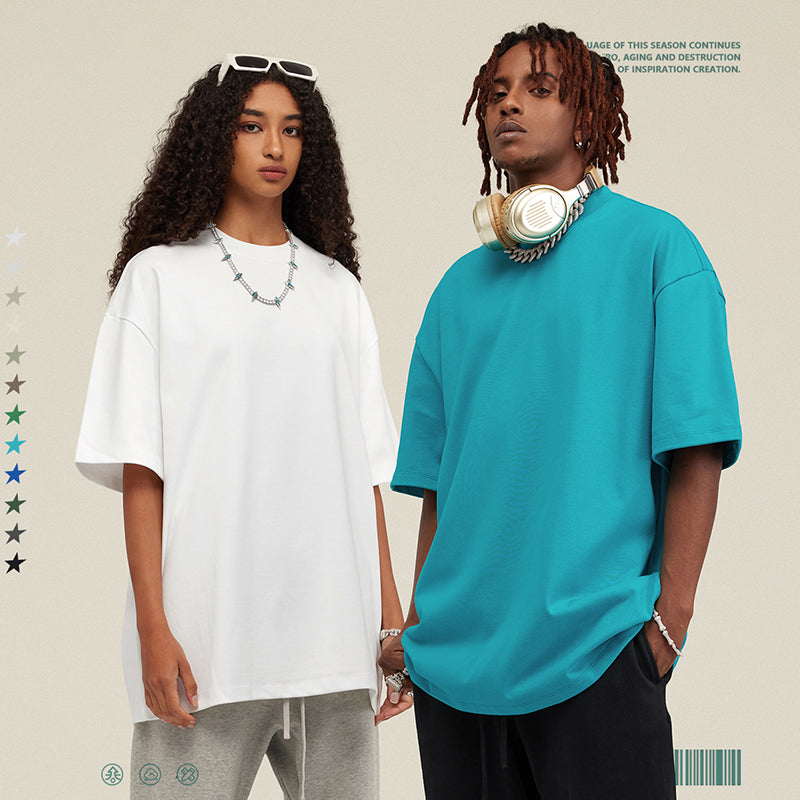 S1722 425G Heavy T-shirt solid color off shoulder short sleeves loose fashion couple short sleeves