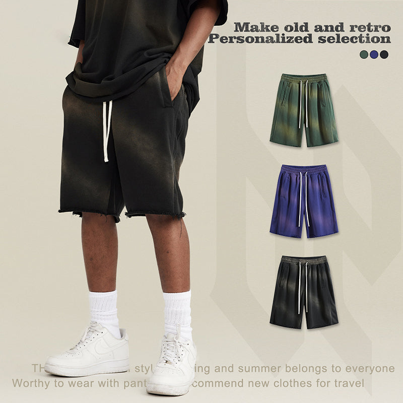 S3034 380G heavy wash gradient shorts Retro street chic quarter pants men